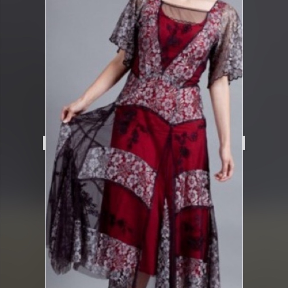 Nataya Red Black Lace Dress vintage S/M ombré‎ dyed mesh dress over cotton liner
